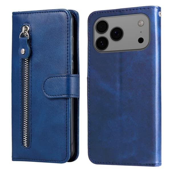iPhone 18 Pro Max / iPhone 17 Pro Max Skal läderfodral - mode med kalvskinnstextur och dragkedja Blå