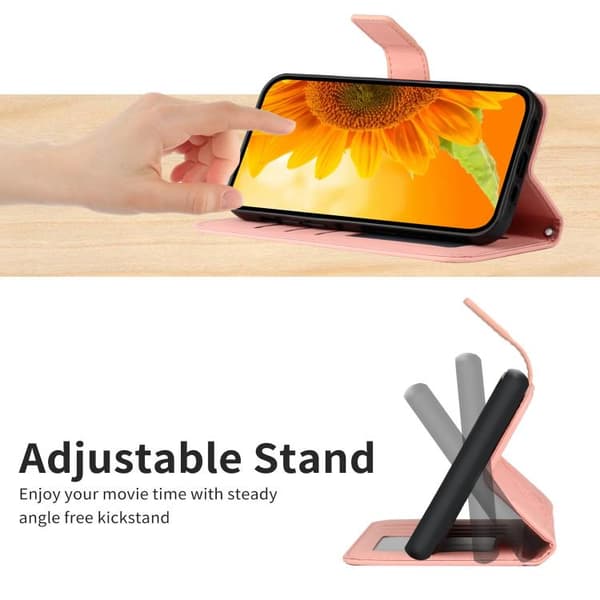 iPhone 18 Pro / iPhone 17 Pro Skal läderfodral med solrosprägling och lanyard Rosa