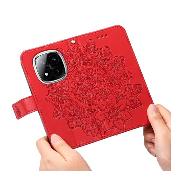Redmi Note 14 Pro 5G / Note 14 Pro+ 5G - Läderfodral med Sju Blommor Prägling Röd