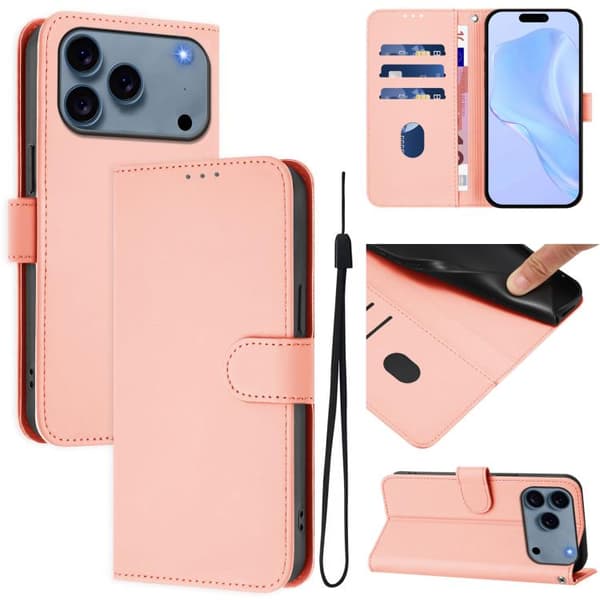 iPhone 18 Pro Max / iPhone 17 Pro Max Skal Läderfodral - Solid Färg med Lanyard Rosa