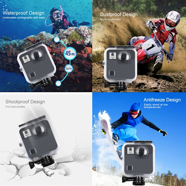 45m Vattentätt Stöttåligt Undervattenshus Dykfodral för GoPro Fusion, med Spänne Basfäste & Skruv
