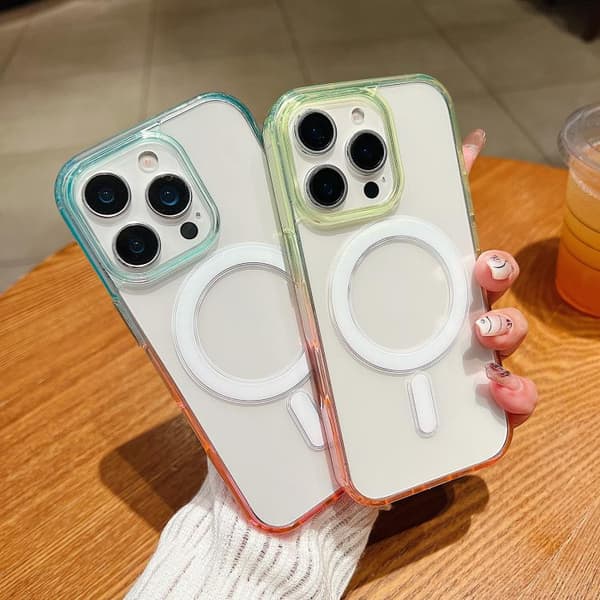 iPhone 17 Skal med Kontrastfärg Gradient och Transparent MagSafe Grön + Blå