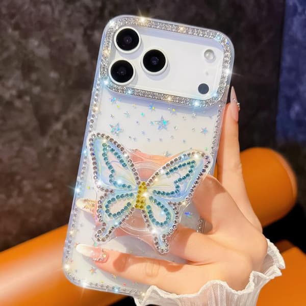 iPhone 17 Skal med Diamant Glittrande Fjärilshållare Vit