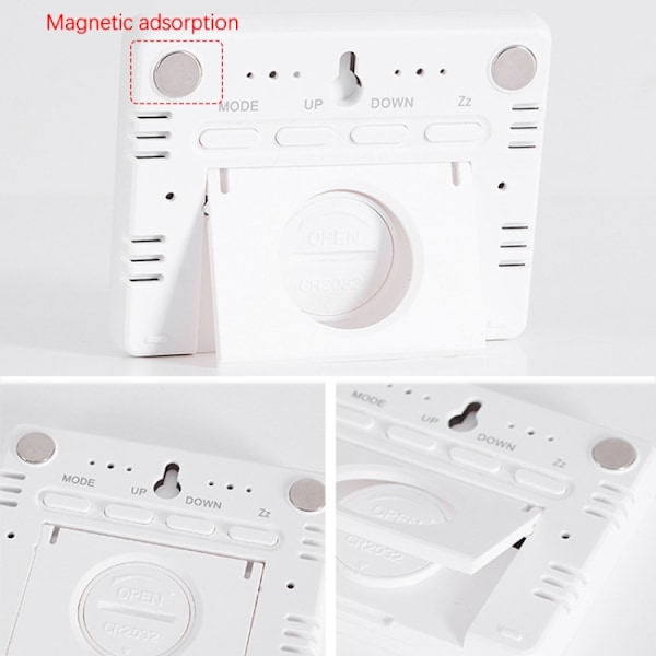 Magnetisk LCD Digital Aalarm Klocka Stor Skärm Med Temperatur Fuktighet Display(9905 Vit)
