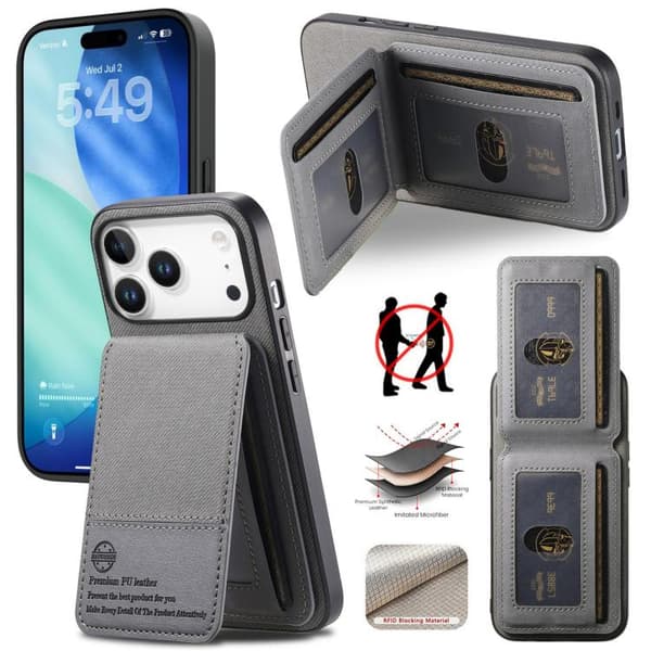iPhone 18 Pro / iPhone 17 Pro Skal - Twilltyg Läder Vertikal Flip RFID Kortficka Grå