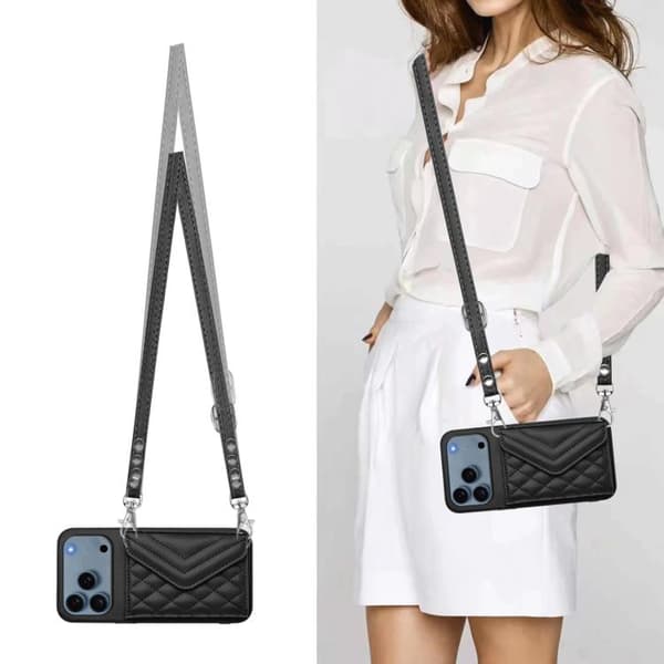 iPhone 18 Pro / iPhone 17 Pro Skal med Rhombisk Textur och Lång Lanyard Svart