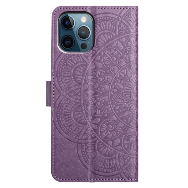 iPhone 16 Pro Max Blomsterpräglat Läderfodral - Elegant Skal för iPhone 16 Pro Max Purpur