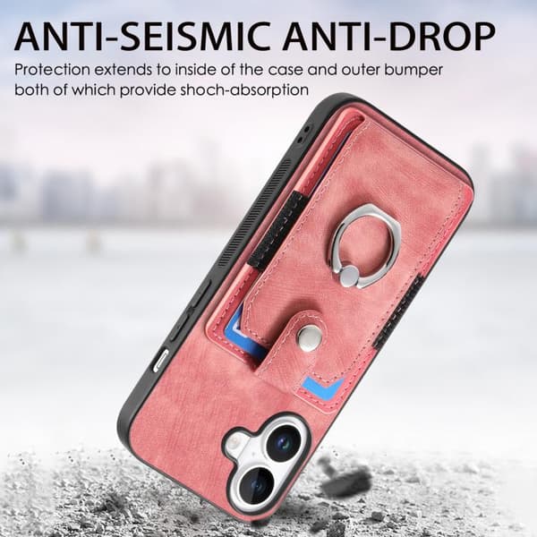 iPhone 17 Retro Skin-feel Ring Card Wallet Skal Rosa