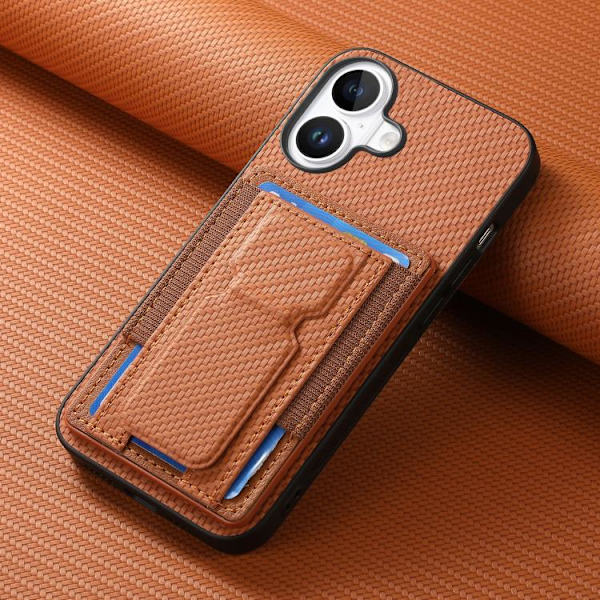 iPhone 17 Skal - Kolfiber med Fällbart Ställ och Elastisk Kortficka Brun