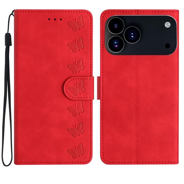 iPhone 18 Pro Max / iPhone 17 Pro Max Skal Läderfodral med Sju Präglingar av Fjärilar Röd