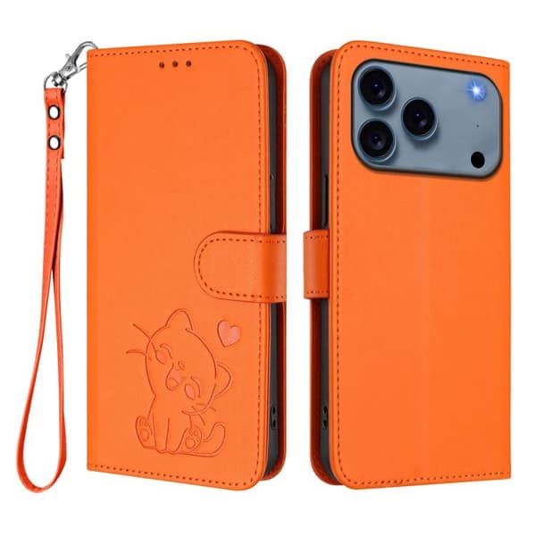 iPhone 18 Pro Max / iPhone 17 Pro Max Skal läderfodral med präglat hjärta och kattdesign samt handrem Orange