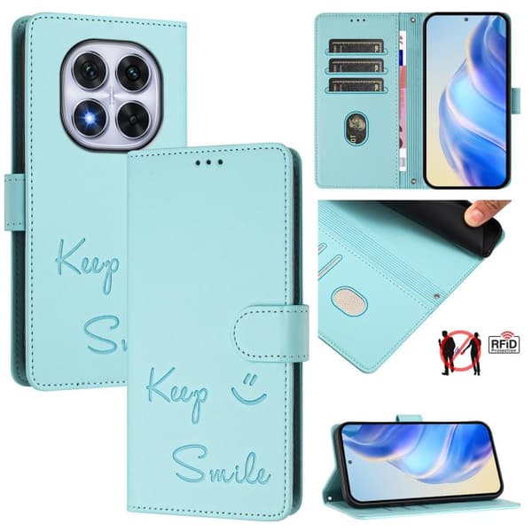 Redmi Note 14 Pro 4G - RFID Läderfodral med Smile Embossing Mintgrön