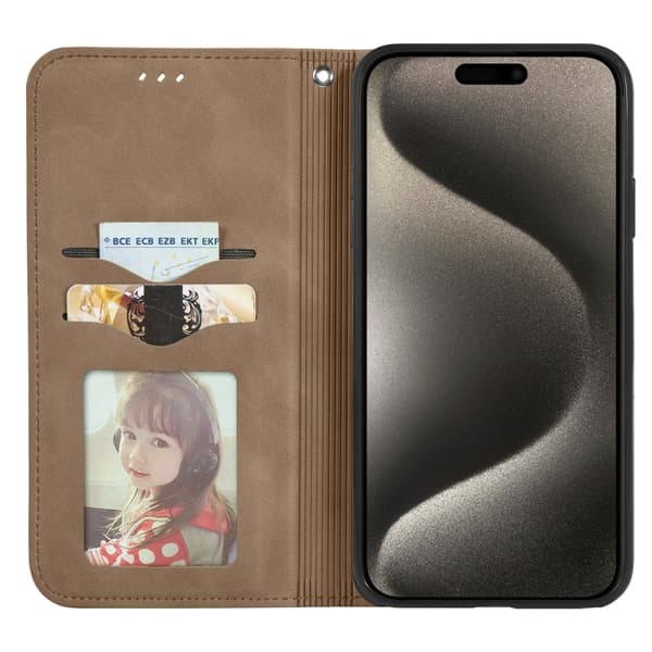 iPhone 16 Pro Retro Skinnkänsla Magnetisk Flip Fodral Brun