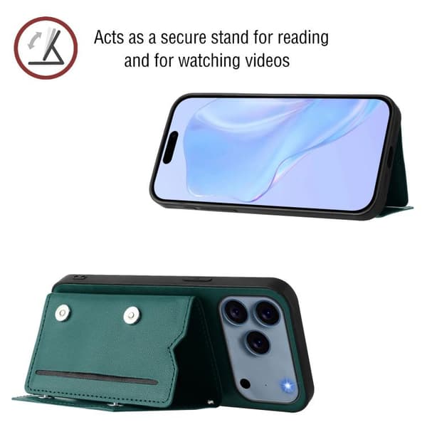 iPhone 18 Pro / iPhone 17 Pro Skal med Fyra Kortfack och Handledsrem Grön