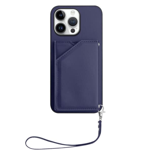 iPhone 16 Pro Max Skal med Fyra Kortfack och Handledsrem Blå