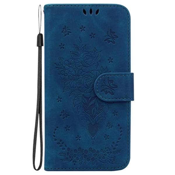iPhone 18 Pro / iPhone 17 Pro Skal Läderfodral med Embossed Butterfly Rose Blå