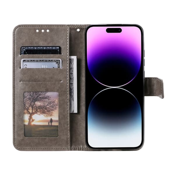 iPhone 16 Pro Max Totem Blomma Pr präglat Läder Skal Fodral Grå