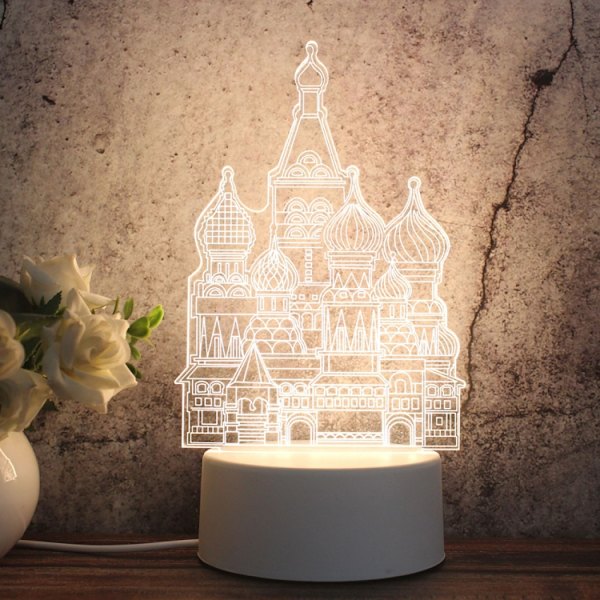 Vit bas kreativ 3D trefärgad LED dekorativ nattlampa, knappkontaktversion, form: Slott (vit-varm-varmvit)