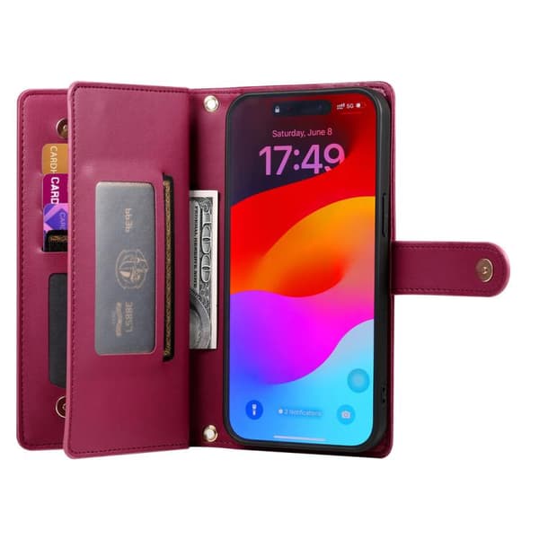 iPhone 18 Pro Max / iPhone 17 Pro Max Skal läderfodral med nio kortfack och dragkedja Röd
