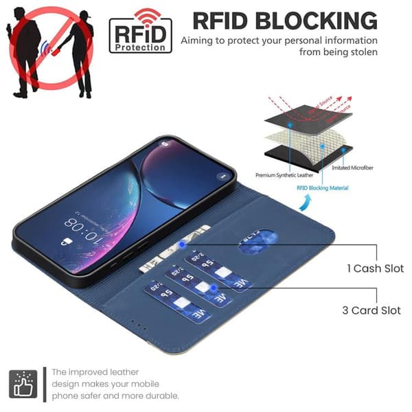 Redmi Note 14 4G - RFID Läderfodral med Splicing Färg och Hålblommönster, Mörkblå
