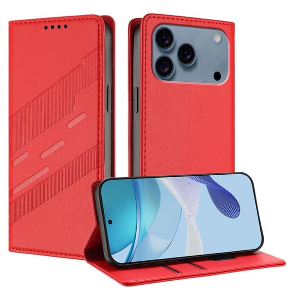 iPhone 18 Pro Max / iPhone 17 Pro Max Skal läderfodral - Prägad Multifunktionell Plånbok - Retro Läder Röd