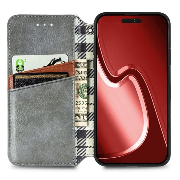 iPhone 16 Pro Max Cubic Grid Pressad Magnetisk Läder Skal - Fodral Grå