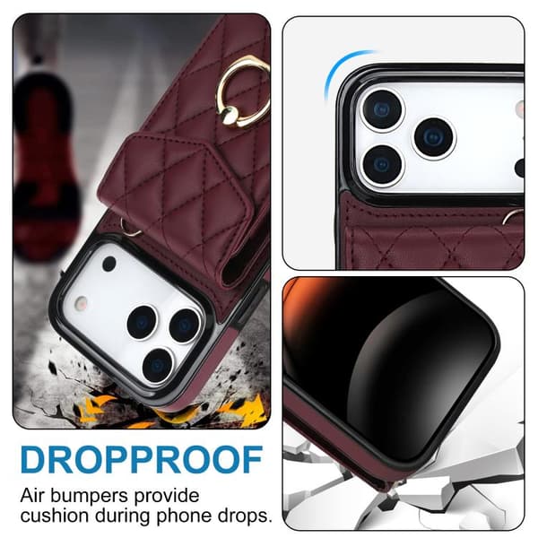 iPhone 18 Pro Max / iPhone 17 Pro Max Skal med Rhombisk Textur och Lång Lanyard Vinrött