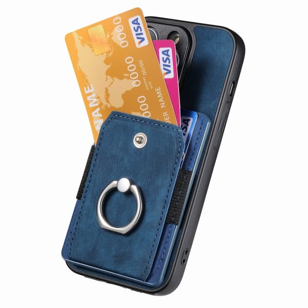 iPhone 16 Pro Retro Skin-feel Ring Card Wallet Skal Blå