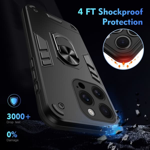 iPhone 16 Pro Shockproof Metallringhållare Skal Svart