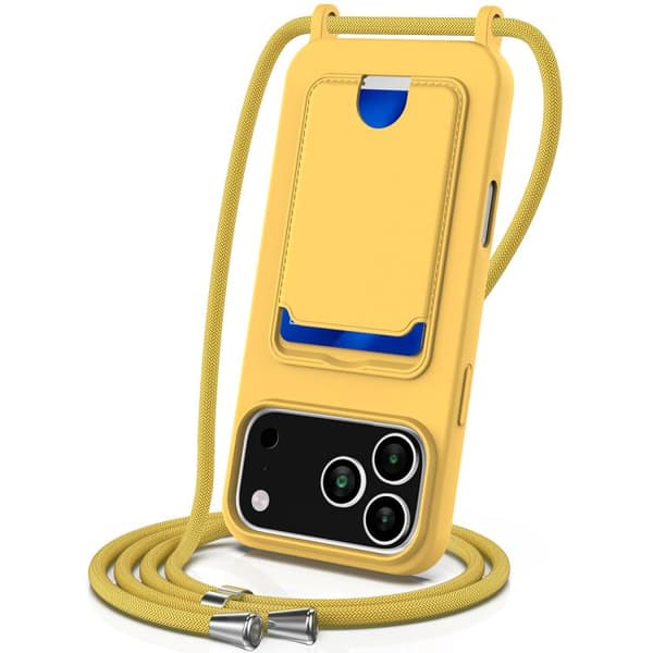 iPhone 18 Pro Max / iPhone 17 Pro Max Skal med Integrerad Kortväska - Solid Färg av Flytande Silikon med Lanyard Gul