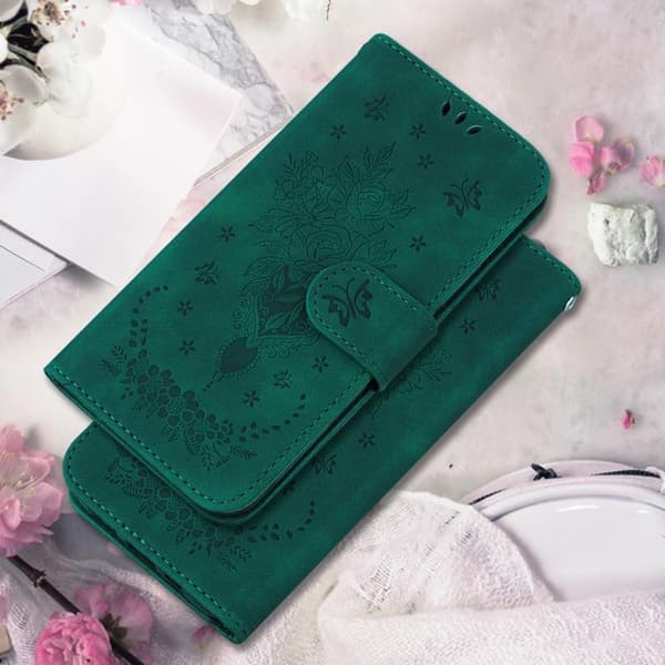 iPhone 18 Pro / iPhone 17 Pro Skal Läderfodral med Embossed Butterfly Rose Grön