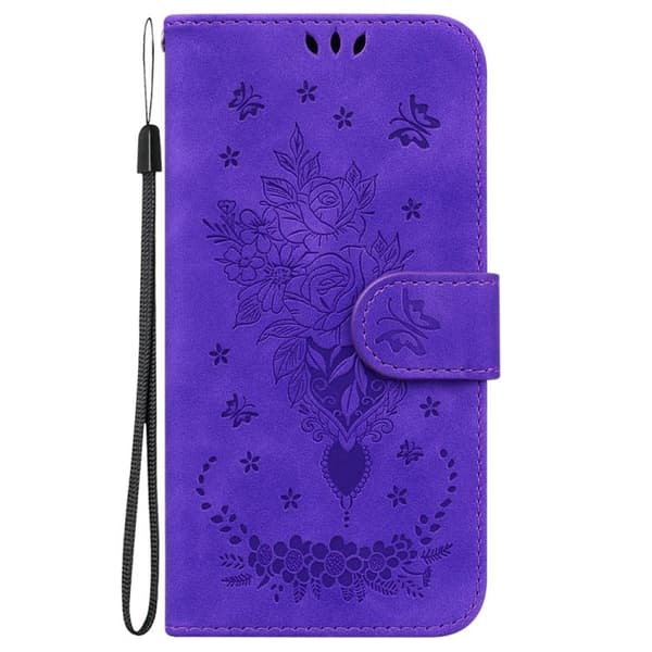 iPhone 18 Pro / iPhone 17 Pro Skal Läderfodral med Embossed Butterfly Rose Purpur