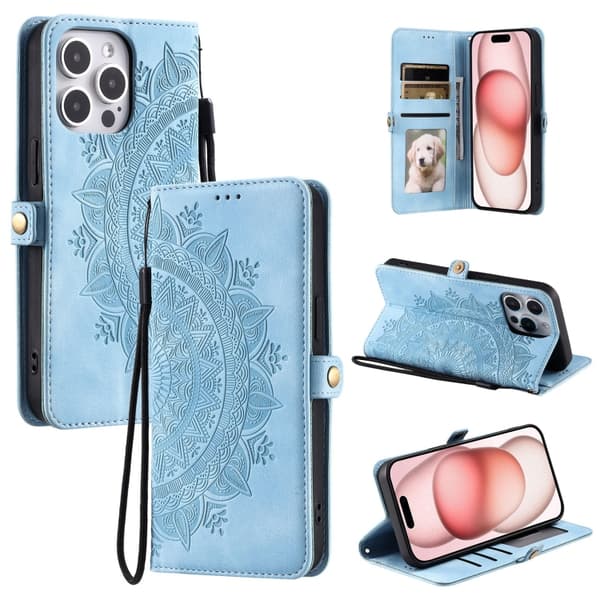 iPhone 16 Pro Max Skal Totem Prägad Läder Fodral Blå