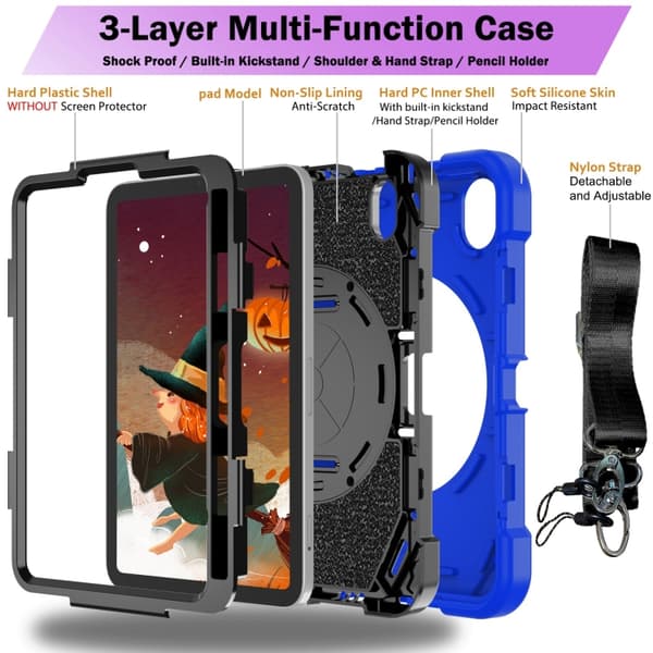iPad mini 6 / mini 2024 Bat Hand Grip Turntable Skal - Läderfodral Blå Svart