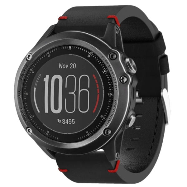 För Garmin Fenix ​​3 Sapphire 26 mm lädersutur stålspänne watch Black