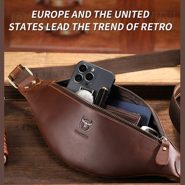 Bull Captain Retro Crazy Horse Läder Herr Midjeväska Axelväska Crossbody Väska Kaffe