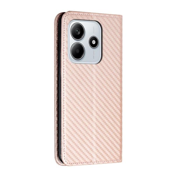 Redmi Note 14 5G - Magnetisk Flip Läderfodral med Kolfibertextur Roséguld