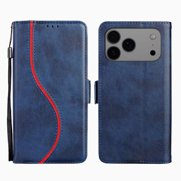 iPhone 18 Pro Max / iPhone 17 Pro Max Skal läderfodral med sidobuckle S-kurva Blå