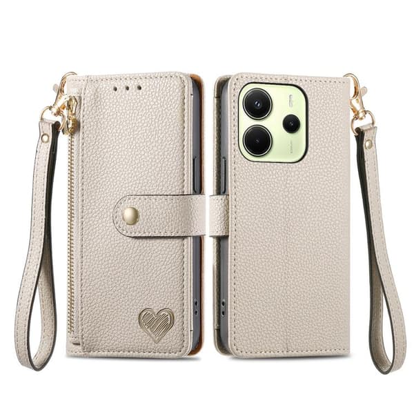 Redmi Note 14 4G - Läderfodral med Kärlek Zipper Lanyard Grå