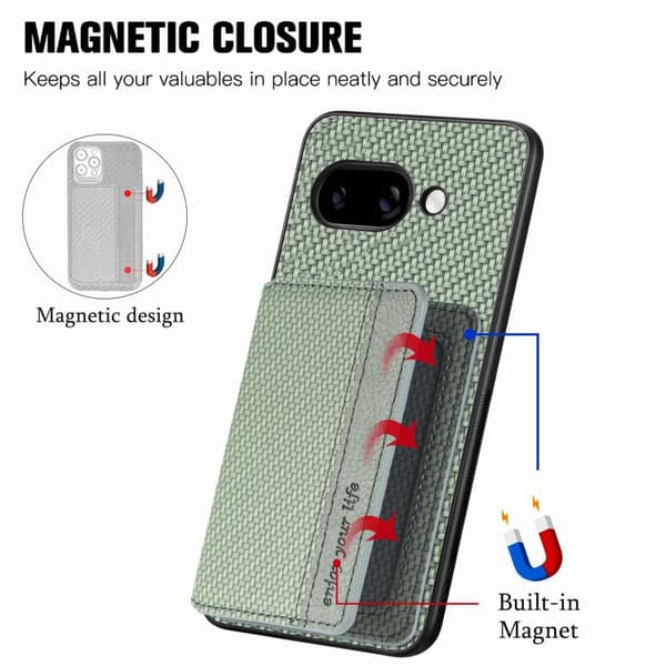 för Pixel 9a Skal i Kolfiber med Magnetisk Kortficka Grön