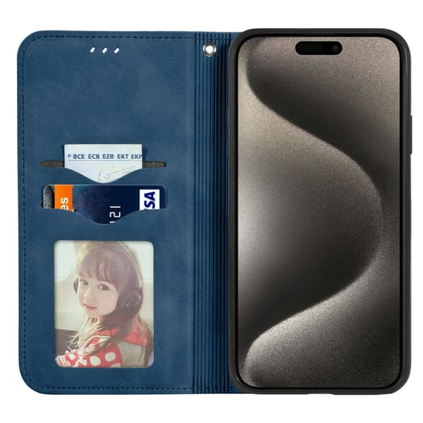 iPhone 16 Pro Max Retro Skinnkänsla Magnetisk Flip Fodral Blå