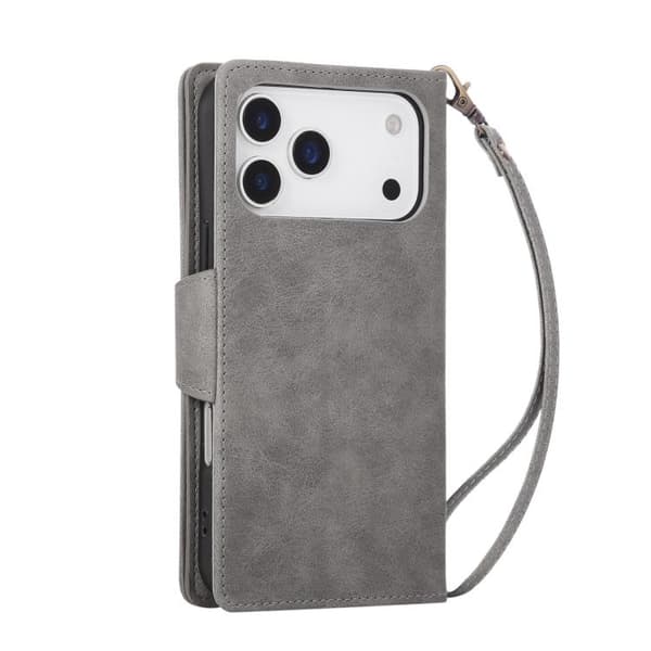 iPhone 18 Pro / iPhone 17 Pro Skal läderfodral med Rivet Spänne för 9 Kort och Tredelad Design Grå