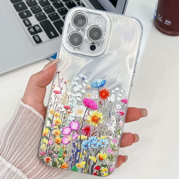 iPhone 16 Pro Max Skal med Elektropläterad Blomtextur Blommor SH4