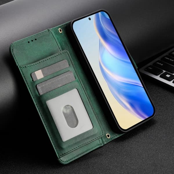 iPhone 16 Pro Fodral - Multi-Kortfack Zipper Skal Läder Grön