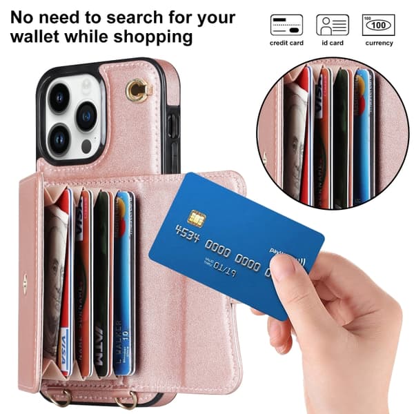 iPhone 16 Pro Max RFID-kortfack Skal med Lång Lanyard Roséguld