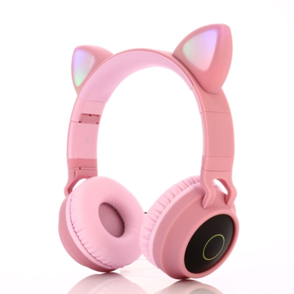 BT028C Söta Kattöron Bluetooth 5.0 Hörlurar Vikbara On-Ear Stereo Trådlöst Headset Hörlurar med Mikrofon / LED-ljus / FM-radio / TF-kort Rosa
