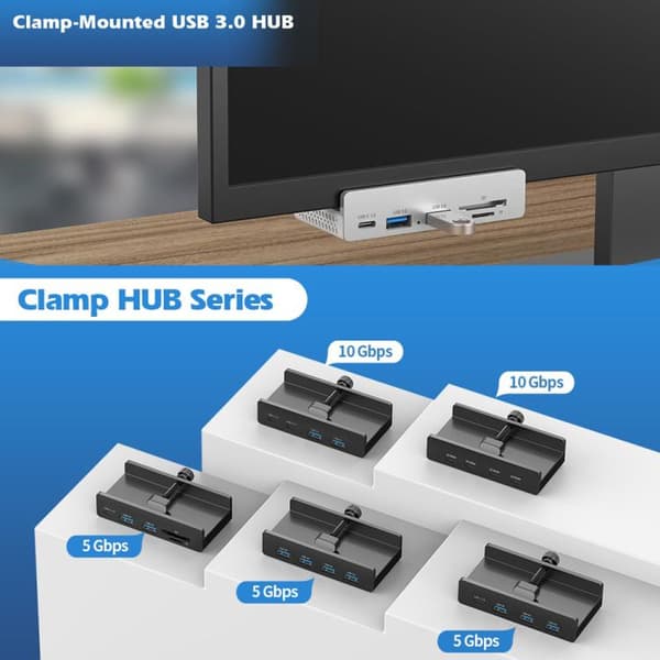 HCL-4A-Pro Aluminium 4-port USB3.0 Klämma Hub (Svart)