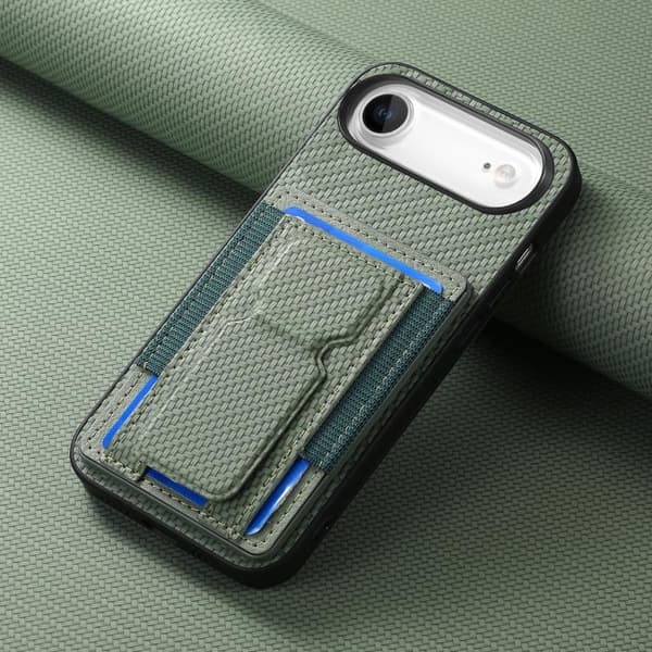 iPhone 17 Air Skal - kolfiber med vikbar ställning och elastisk kortficka Grön