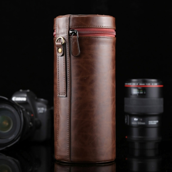 Extra stor fodral med dragkedja i PU-läder för DSLR-kameralinser, storlek: 24,5*10,5*10,5 cm Kaffe