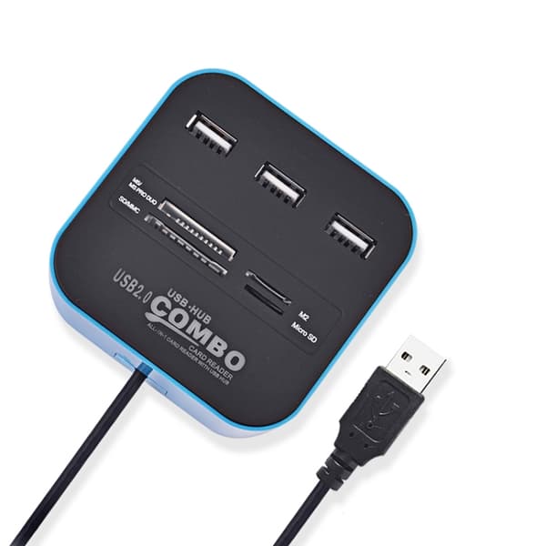 2-i-1 USB 2.0 M2/TF/SD/MMC/MS/MS PRO DUO Kortläsare & 3-portars Hub (Blå)